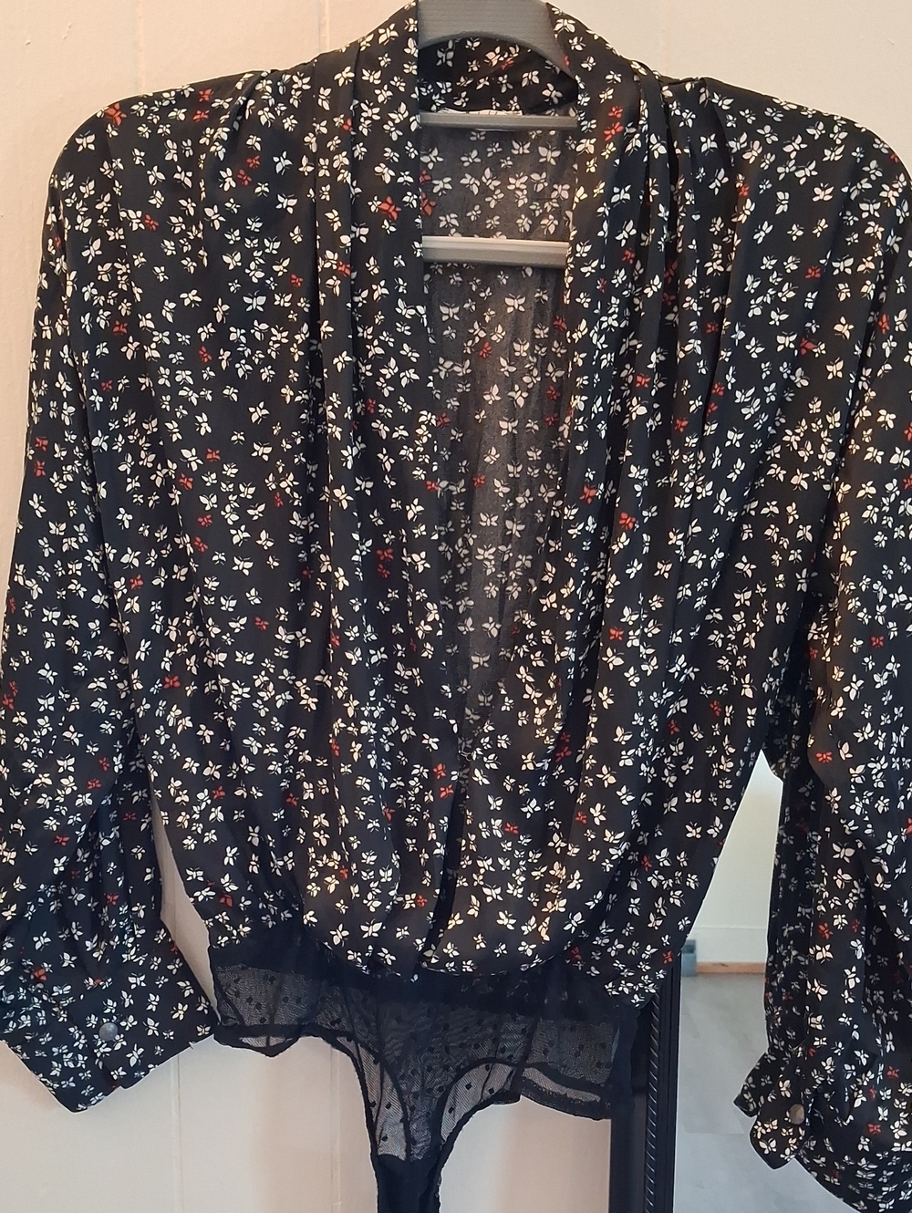Free People Black Surplice Deep V-neck Bodysuit with Red & White Accents